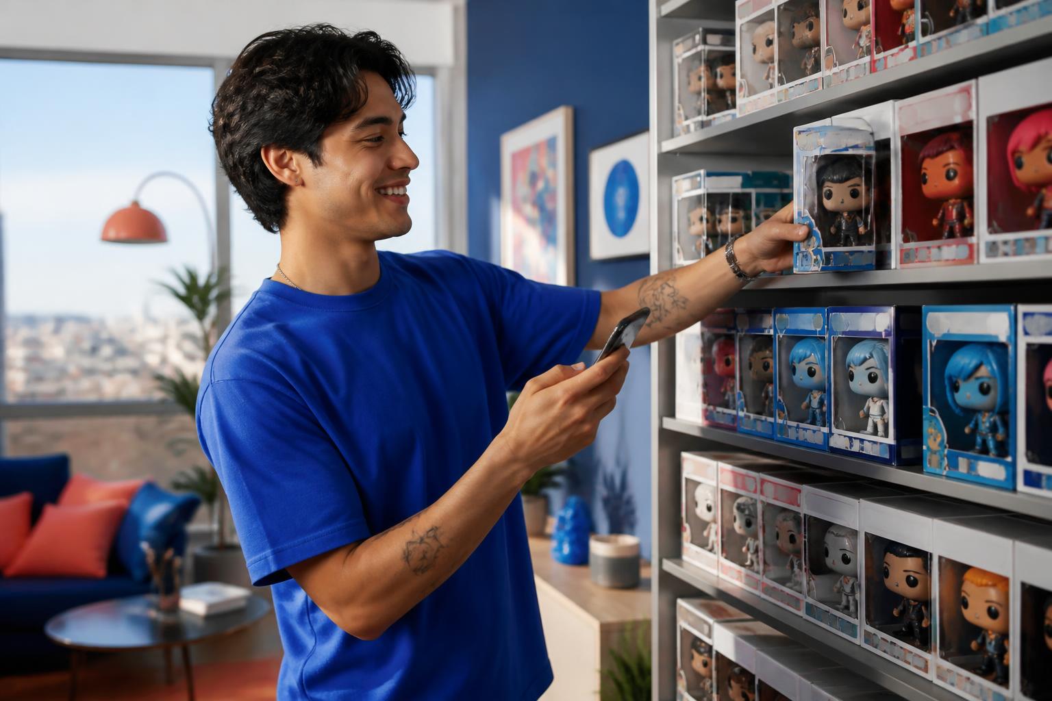 Regal voller bunter Sammlerstücke: Funko-Pop-Figuren und City-Becher