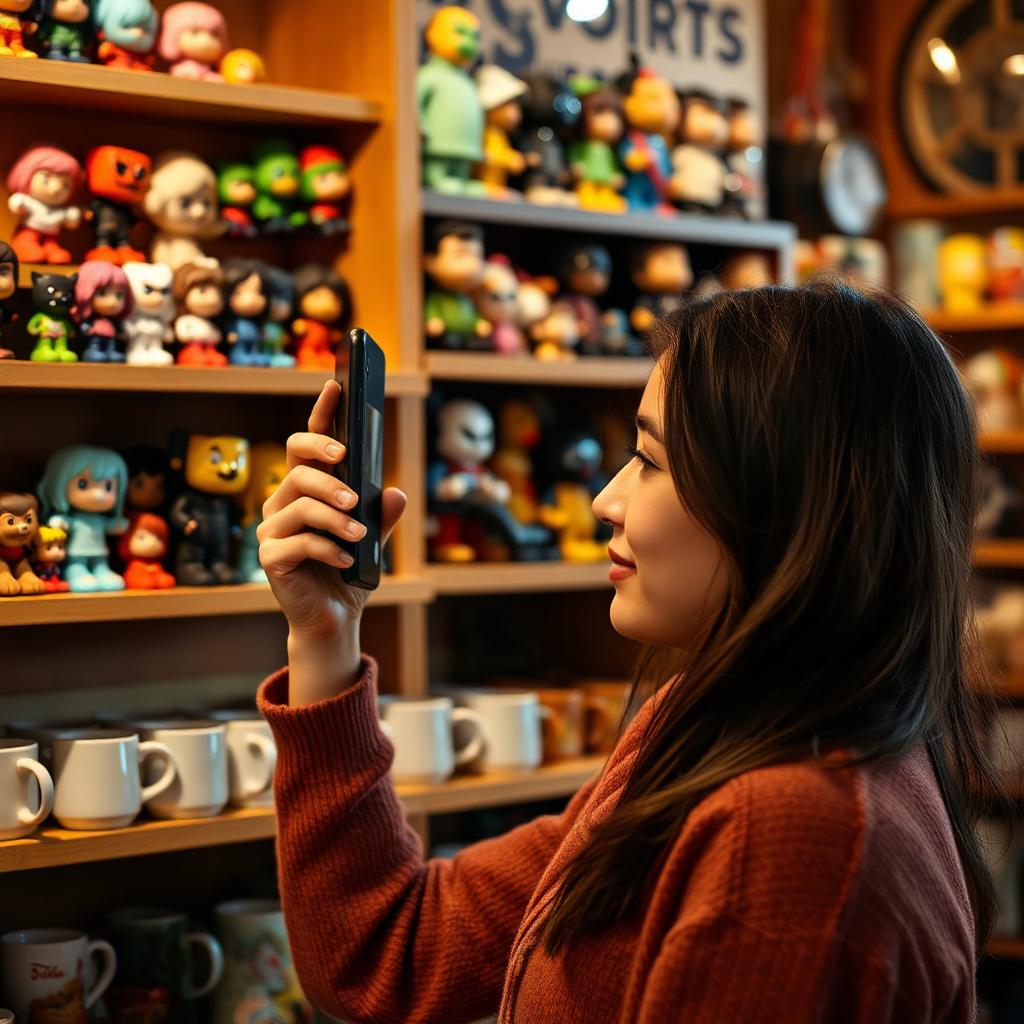 Person prüft mit dem Smartphone im Laden, ob eine Sammelfigur schon in der Sammlung ist