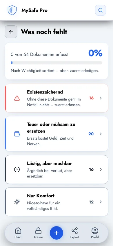 MySafe Pro im hellen Design Clarity mit den fehlenden Dokumenten nach Wichtigkeit