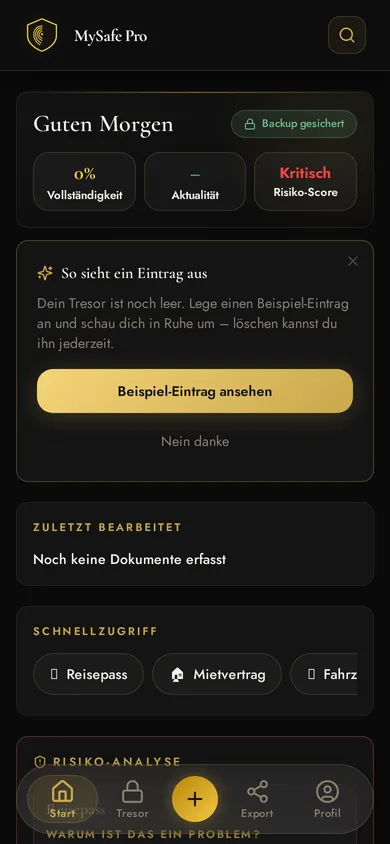 MySafe Pro im Design Vault (dunkel/gold) mit Vollständigkeit, Aktualität und Risiko-Score